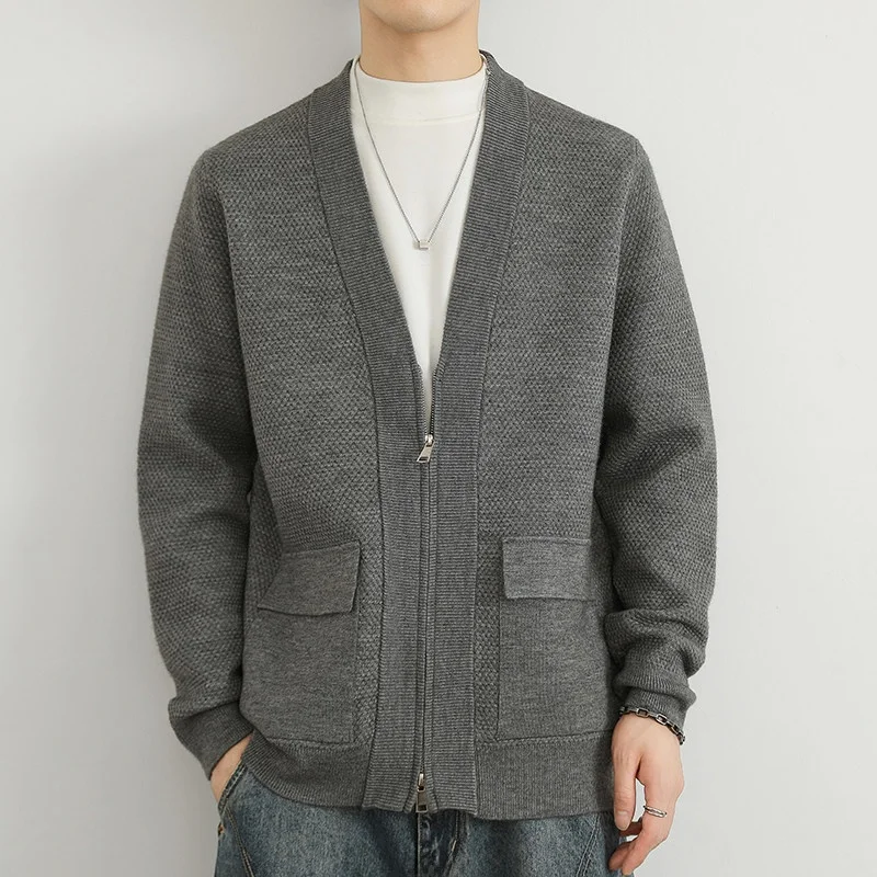 

Мужской вязаный кардиган на молнии с длинными рукавами, V-образным вырезом, повседневный, универсальный, элегантный, премиум-класса