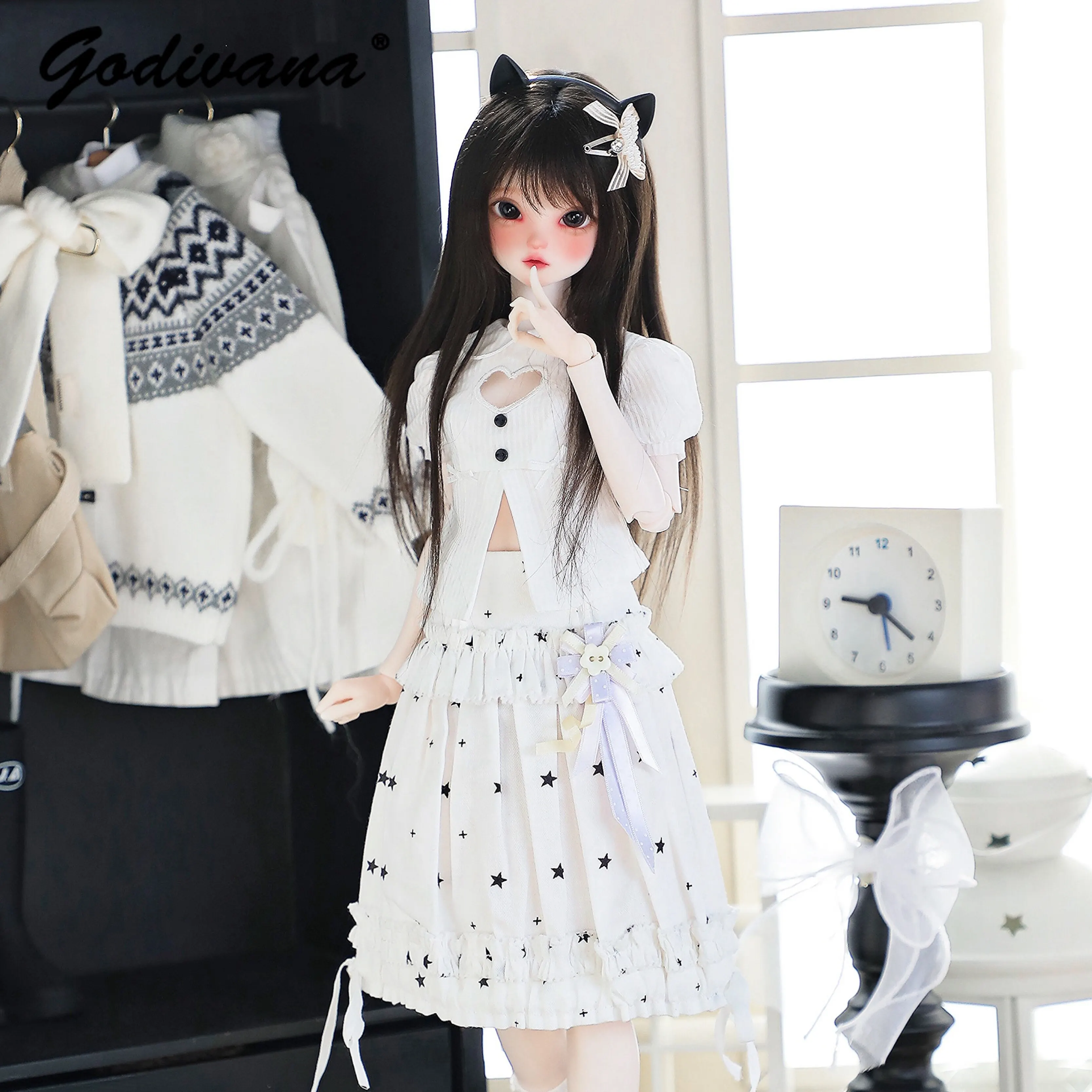Original 1/4 BJD Doll Clothes Japanese Kawaii Sweet One-shoulder Long Sleeve Sweater with Pants Daily Casual Set for Large 1/4