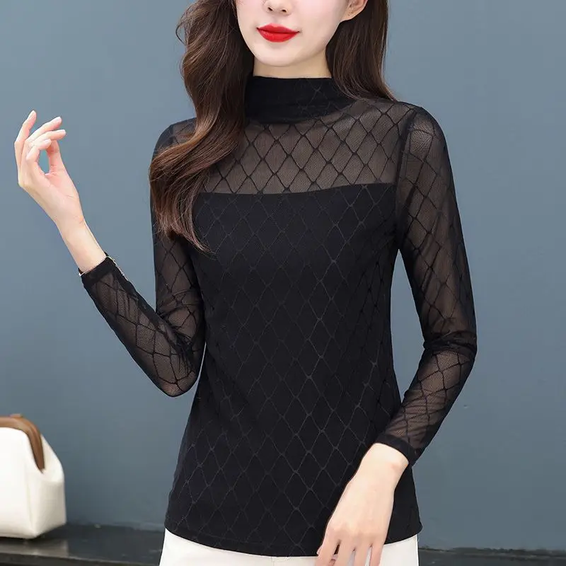 Women Sexy Sheer Mesh Elegant Fashion Fleece Warm Basic T-shirt Autumn Winter Half High Collar Long Sleeve Slim Tops Ropa Mujer