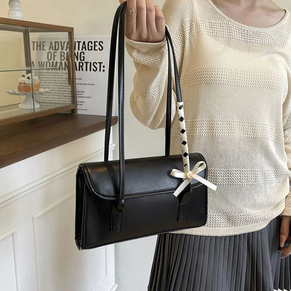 Trendy Sweet Y2k Bow Ribbons Shoulder Bag Large Capacity Portable Girls Handbag Pu Leather Solid Color Underarm Casual Bags - view 5