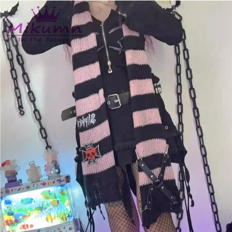 Mikumn Harajuku Punk Style Women Scarf Y2k Gothc Skull Leather Buckle Striped Knitted Scarves Winter Warm Chic Streetwear