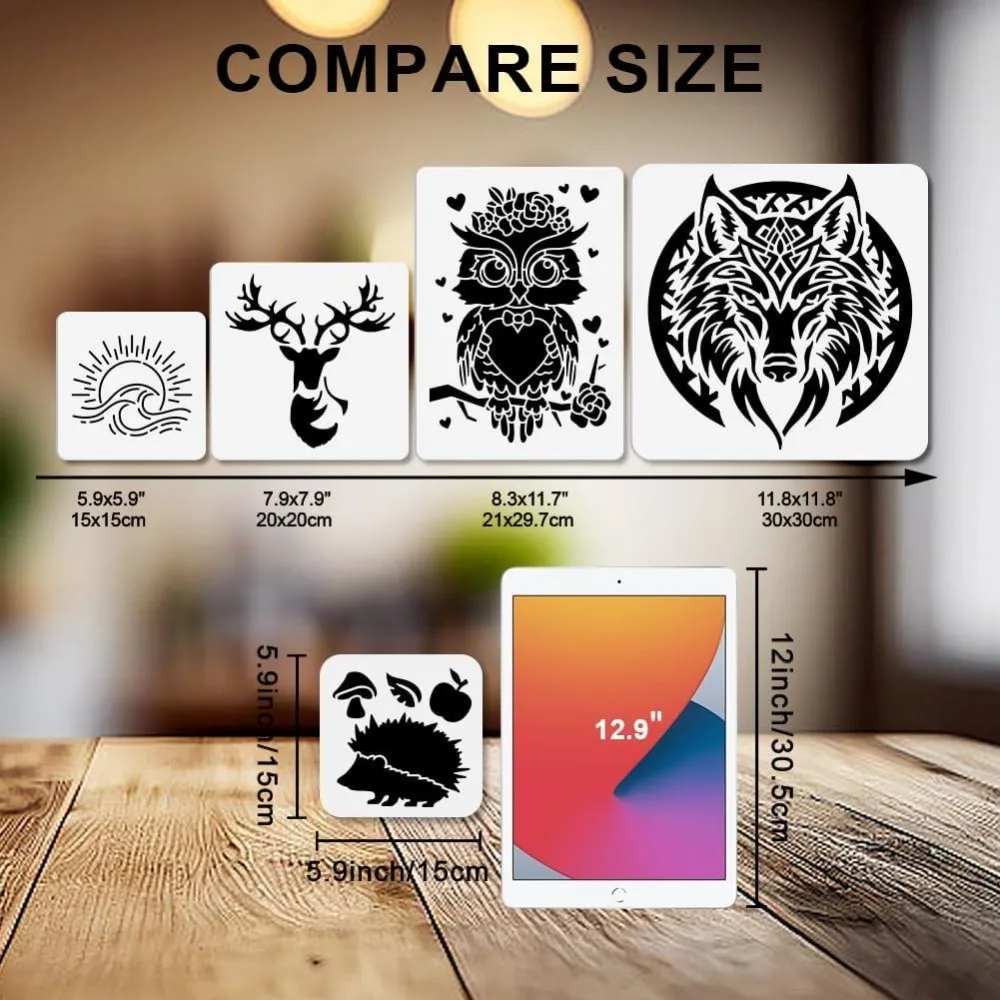 9Pcs Forest Animal Stencils 6x6inch Deer Bear Owl Wolf Template Reusable Hedgehog Raccoon Fox Squirrel Rabbit