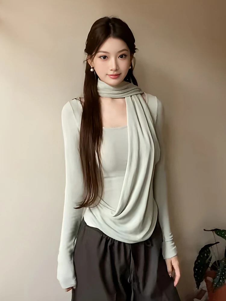 

plus Size Women's Long Sve U-Ne T-irt Korean Sle Slim Fit Scarf Ne Design Autumn Winter Faion plus Size Top