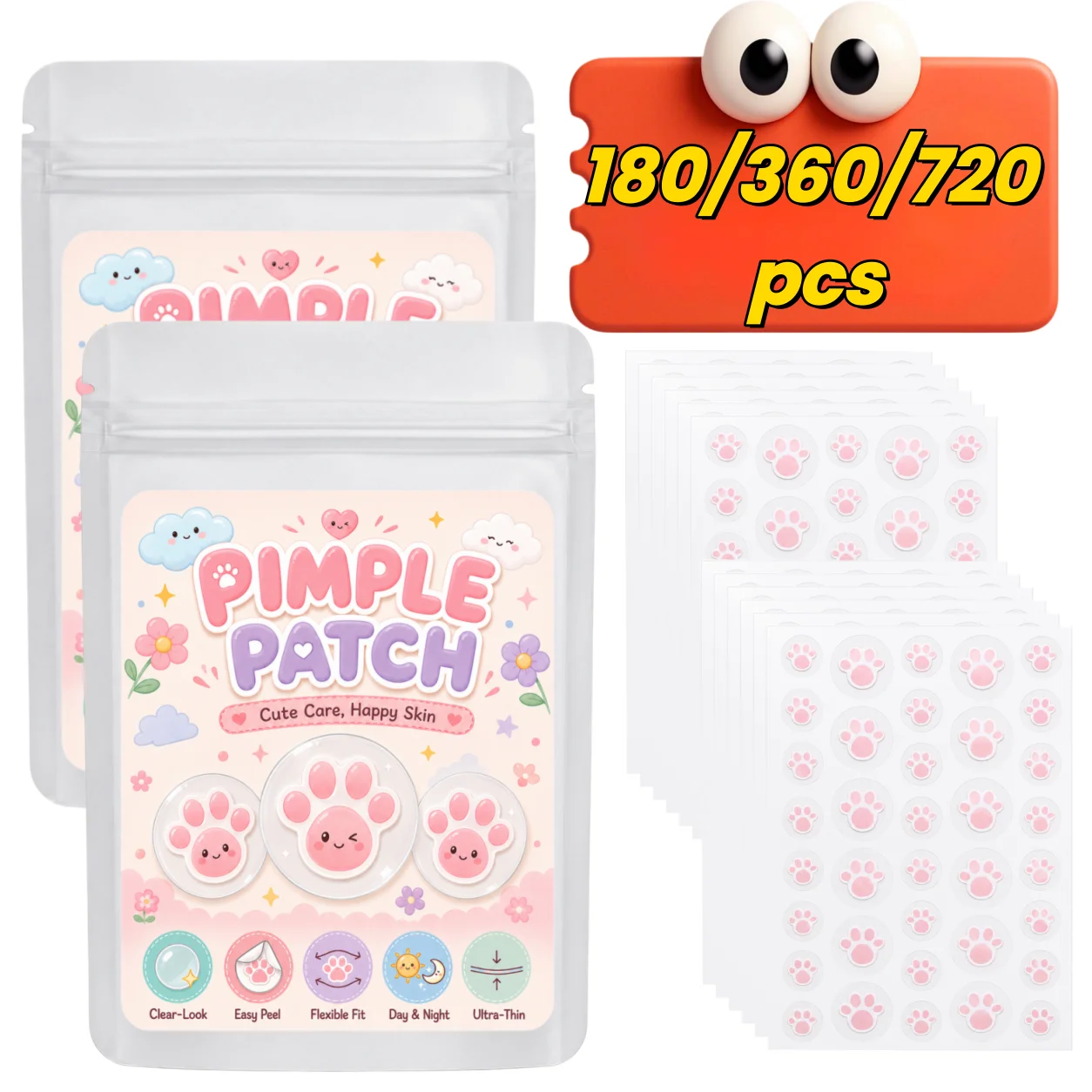 180/360/720 Stück Blush Pink Pfoten-Pickelpflaster, Weiche Flexible Unreinheiten-Abdeckpunkte für Sanfte Tägliche Pflege