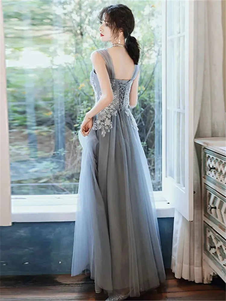 Grey Elegant Halter Dress Women's Solid Color Beaded Applique Sequin Long A-line Skirt Fashion M363