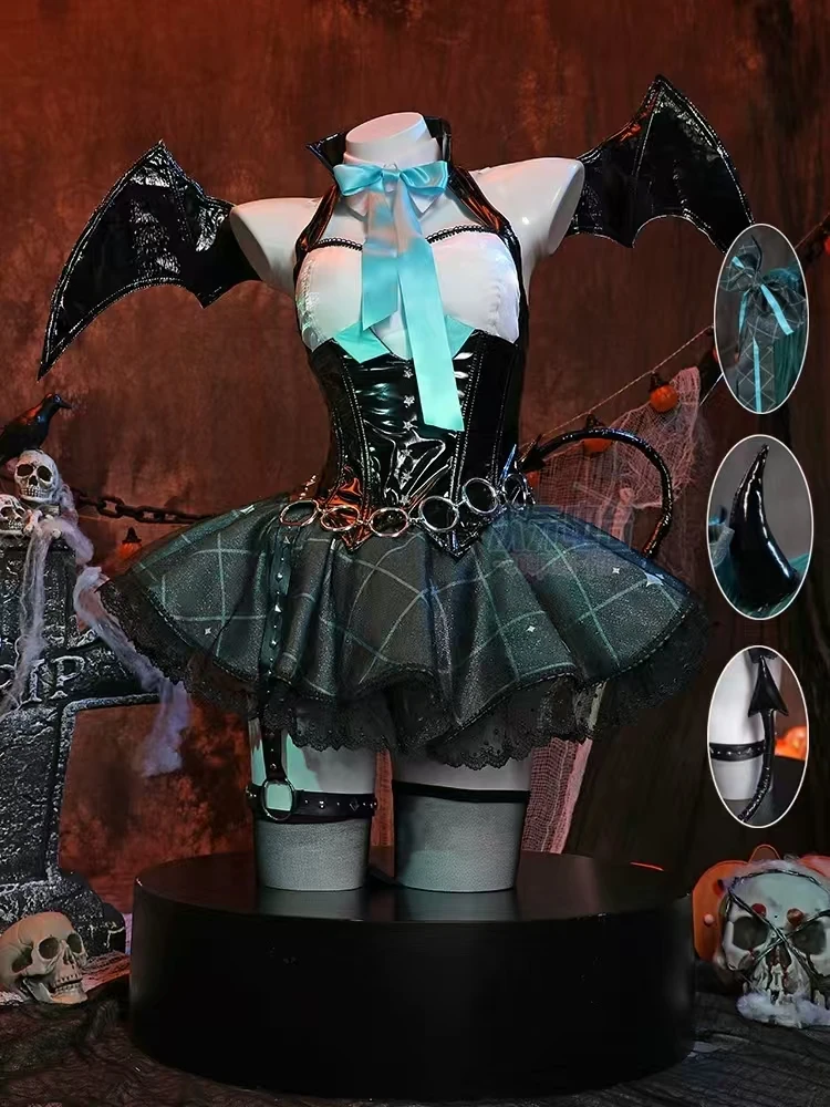

Women's Sexy Devil Miku Cosplay Costume Set with Uniform Dress Wigs Wings Tail And Horns for Halloween Party Anime Demon Outfit