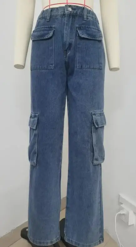 

Женские модные джинсовые брюки, персонализированные уличные ретро-новые стираные полуэластичные джинсовые рабочие брюки с несколькими карманами, повседневные джинсы для женщин