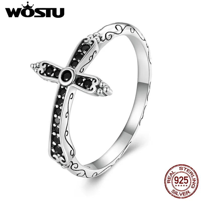 WOSTU Vintage 925 Sterling Silver Black Zircon Cross Rings For Women Retro Punk stackable Ring Hip Hop Jewelry Gift CQR930