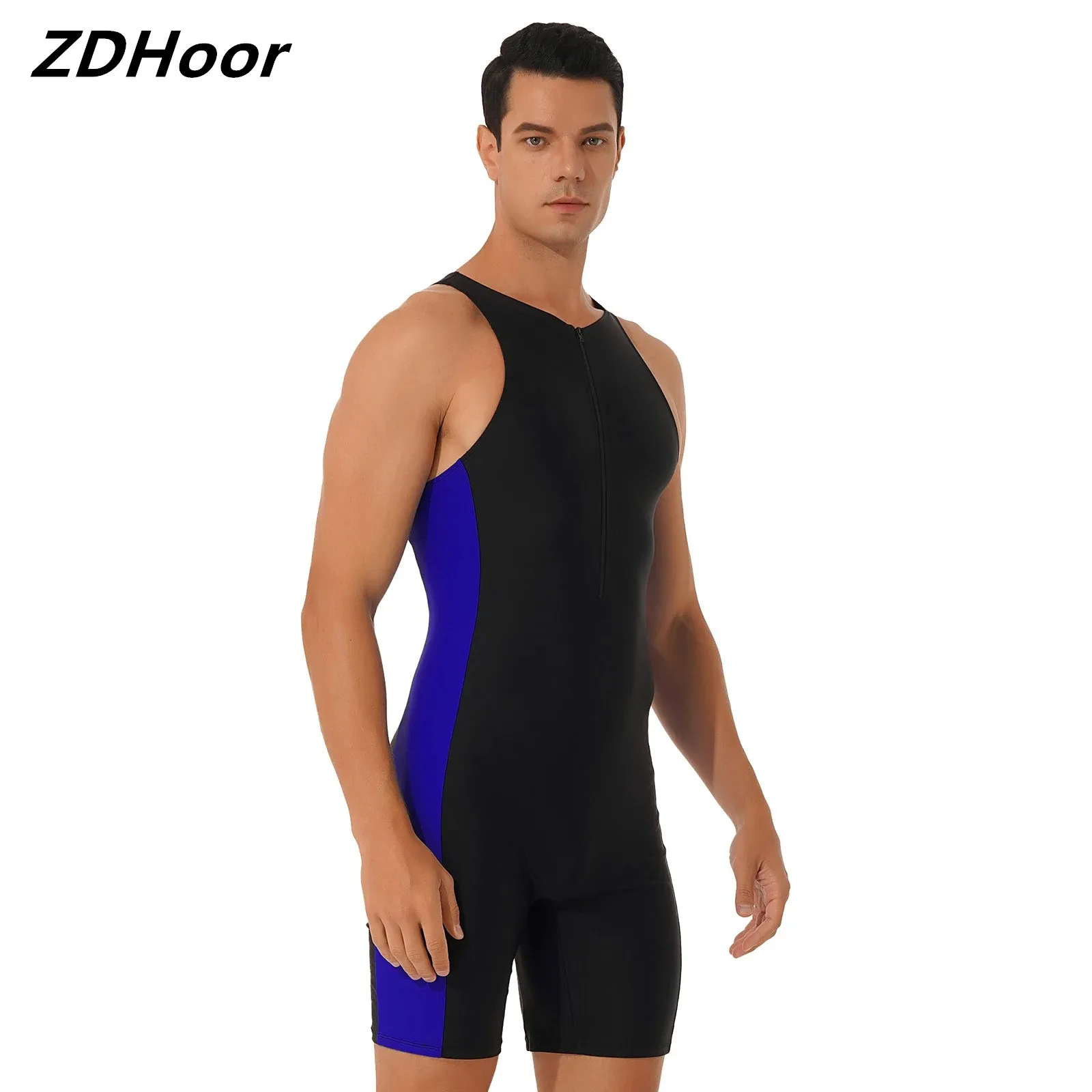 

Mens Zipper Contrast One-piece Bodysuit Sleeveless Patchwork Side Shorts Triathlon Wetsuit For Beach Pool Bathing Surf