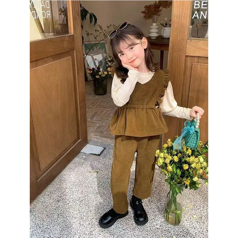 Children's Solid Color Set Girls Round Neck Long-Sleeved Top Pants Three-Piece Autumn New Kids Fashion Casual Suit 12M-4 Years