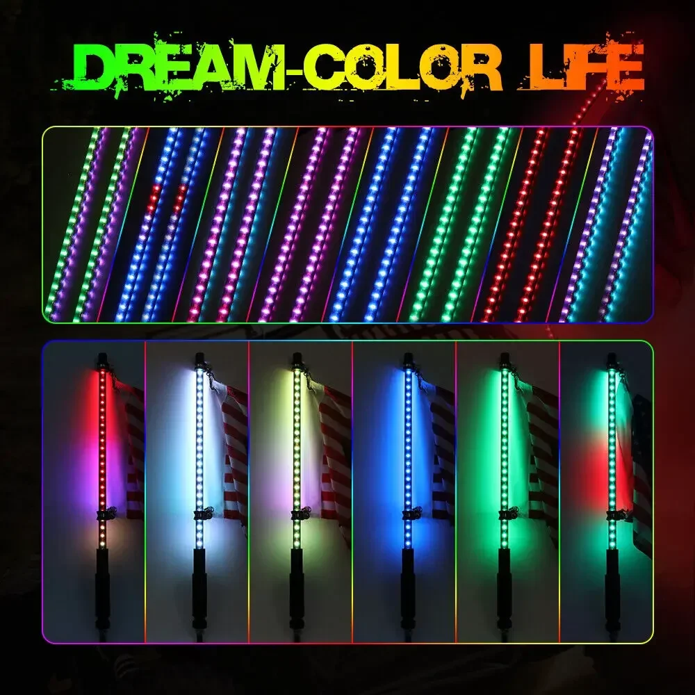 2pcs 2FT 3FT 4FT LED Whip Light Universal RGB Flagpole Lamp Colorful Antenna Driving Decorative Lamp For Car SUV ATV UTV RZR 12V