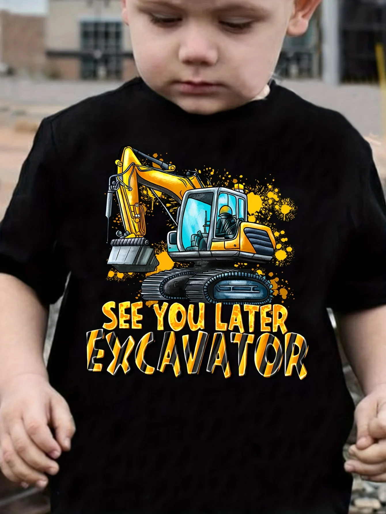 Kids Boys Fashion Crew Neck Tee, Trendy Excavator Graphic With Letter Print Casual Top