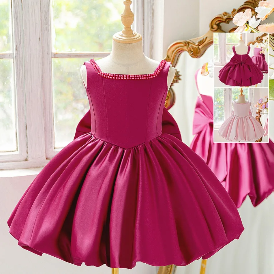 

Big Bow Tutu Party Dress for Girls Elegant Pink Lolita Birthday Baptism Princess Dress Kids Wedding Bridesmaid Evening Prom Gown