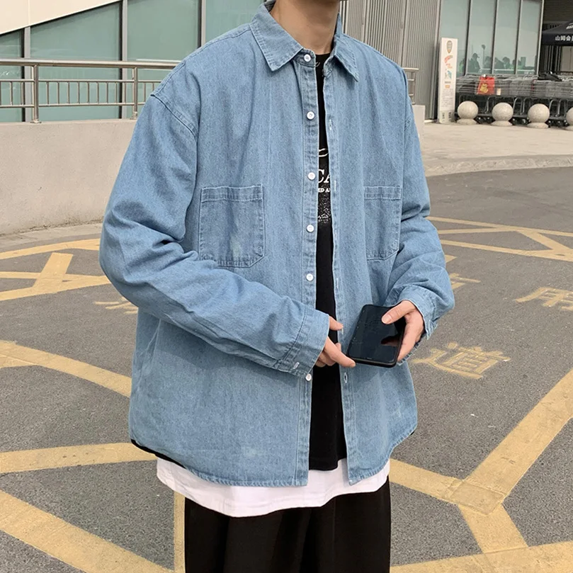 Long Sleeve Denim Shirts Men Plus Size Outerwear Oversize Japan Vintage Jeans Top Shirt Male Clothing 2023 Spring Summer