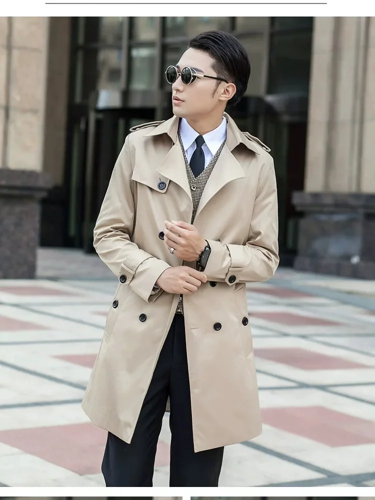 Men's Mid-Length Double-Breasted Slim-Fit Trench Coat British- Inspired Stylish Business Coat Medium-Long
