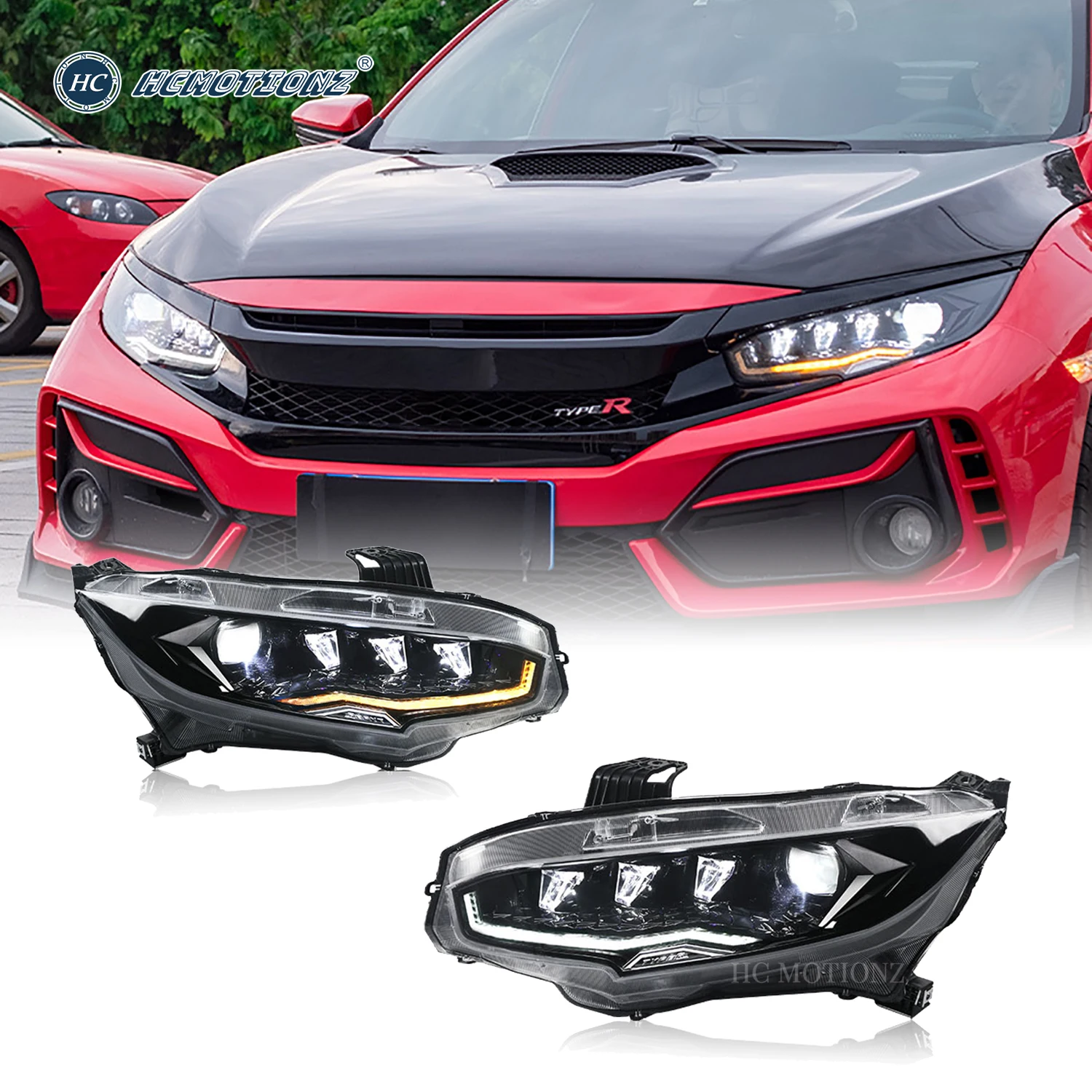 HCMOTIONZ FULL LED Car Front Lamps Assembly 2016-2021 DRL 10th Gen Purple Light Rotation Headlights for Honda Civic