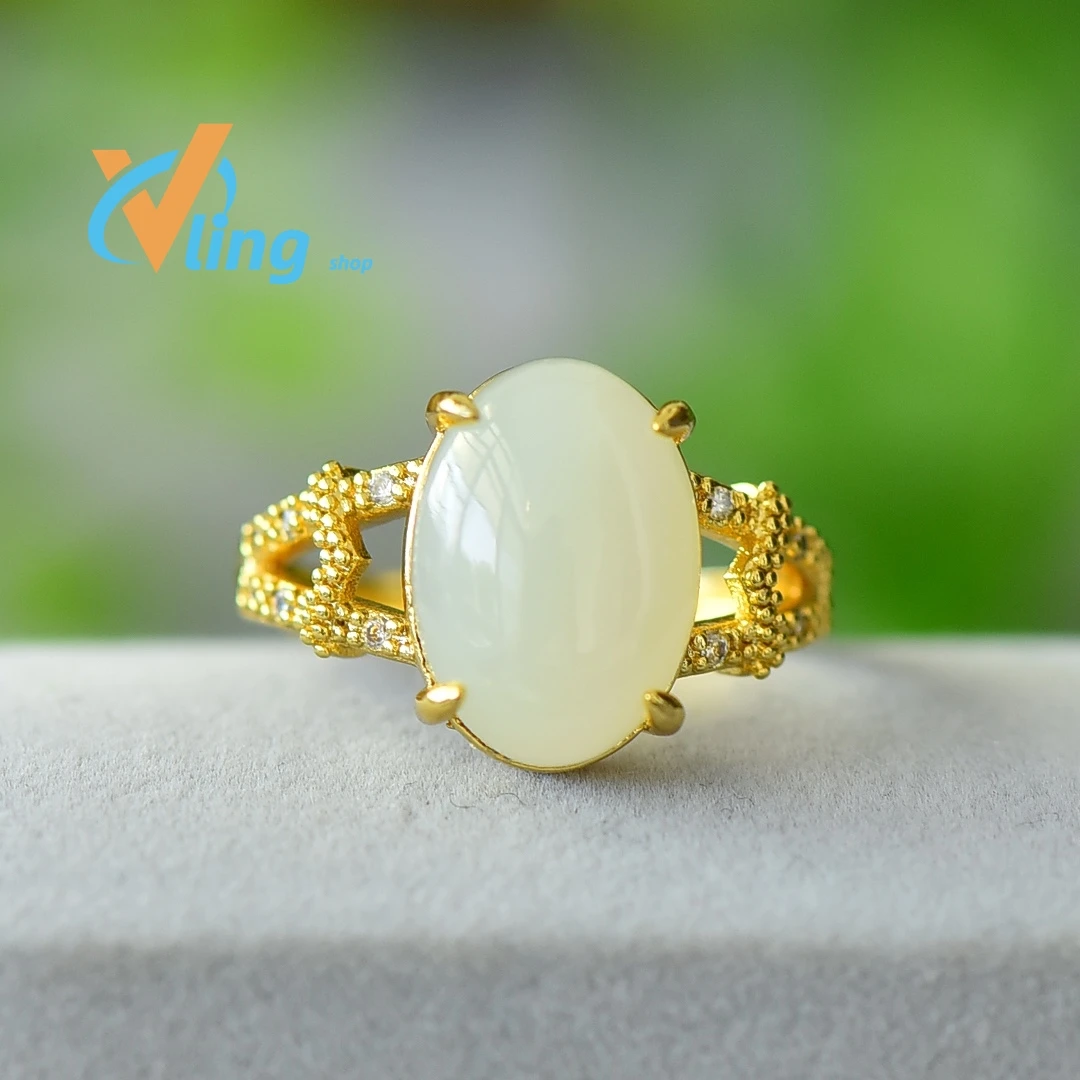 Temperament Chalcedony Ring with Copper Opening Inlaid with Hotan Jade Egg Surface Exquisite Ring for Women New