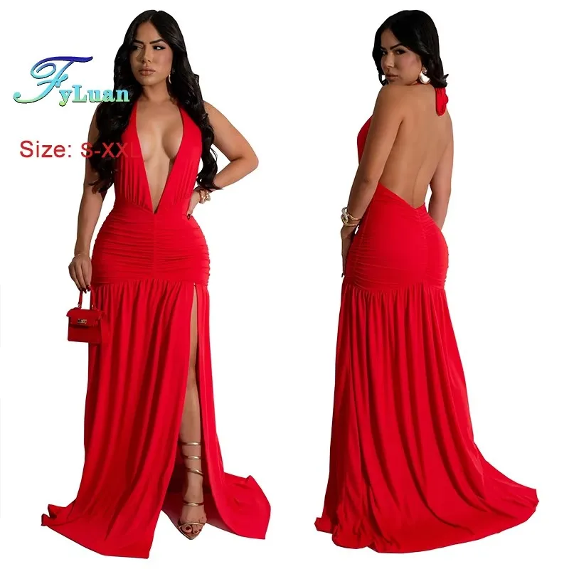 새로운 시즌 핫세일 여성 딥 브이넥 롱 드레스 솔리드 컬러 민소매 사이드 슬릿 러플 플로어 길이 디너 파티 가운
