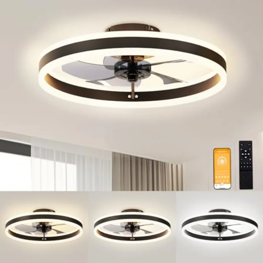 Low Profile Ceiling Fans with Lights and Remote, 19.7in Flush Mount Ceiling Fans with Light, 3000K-6500K Dimmable Fandelier LED