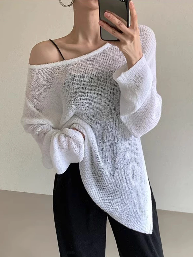 

Dongda Gate Summer Lazy Sle Slant Collar oulder Bared Loose Thin Irregular Long Sve Sun Protection Knitted Sweater