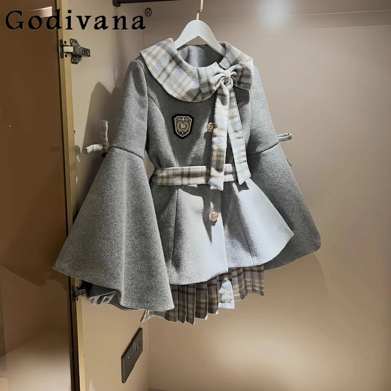 

Elegant Girl's Woolen Coat and Skirt Two Piece Set Autumn Lolita Style Sweet Outfit Women's Japanese Princess Skirt Suits