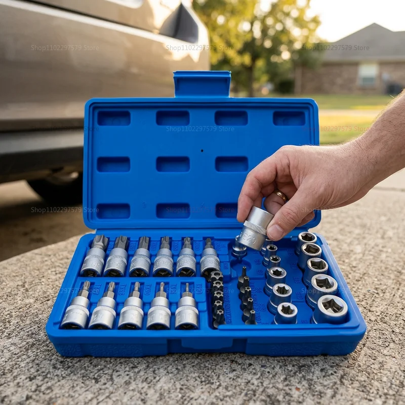 Professional 34pcs Torx Bit Socket Set E-Torx Star Bits 1/4 3/8 1/2Handheld Tool with Case for Automotive Repair and DIY Project