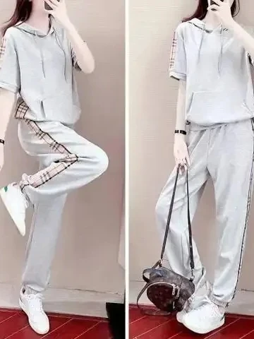 

Loose Fit Summer 2026 New plus Size Hoodie Sweatshirt Short Sleeve Running Outfit Two Piece Set Comfortable Breathable Women'...