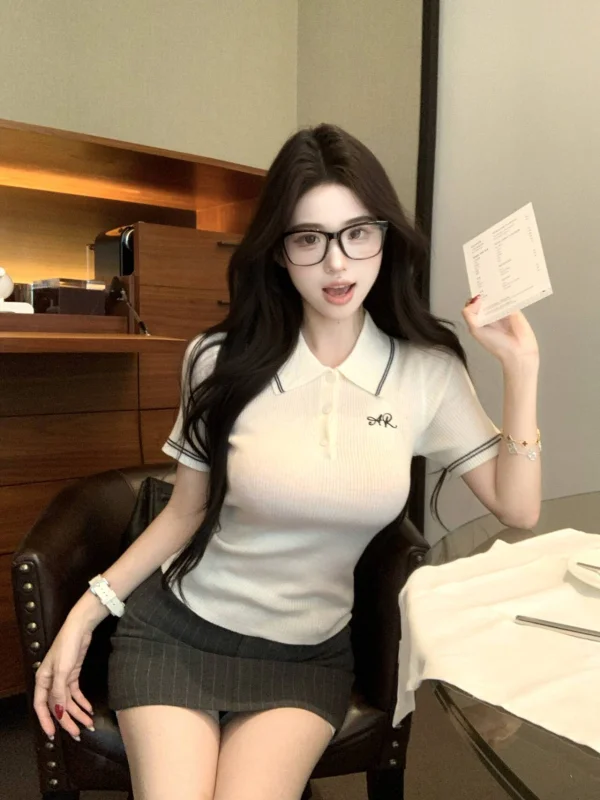 White Embroidered  Neck Short Sleeve Knitted T-Shirt Women Summer Slimming Waist Cinched Inner Wear Spicy Shoulder Level Top
