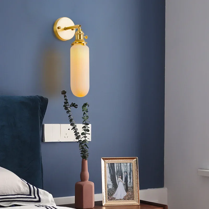 

White Porcelain Led Wall Lamp Nordic Simplified Brass Bedroom Bedside Aisle Retro Translucent Ceramics Bathroom Light