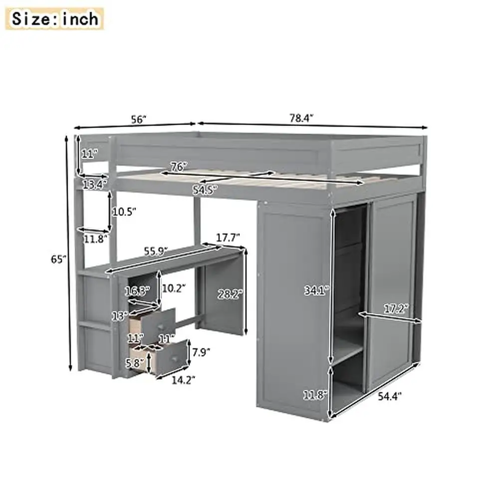 Full Loft Bed Desk Wardrobes 2-Drawer Cabinet Bedroom Furniture Gray Solid Pine MDF Crafted Sturdy Storage Solution Compact