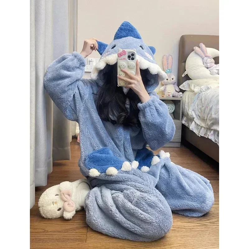 Women's shark pajamas cartoon cosplay costumes flannel hooded sleepwear female pijama jumpsuit homewear pyjamas party loungewear