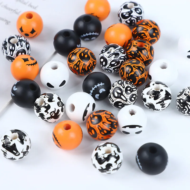 10/20/30Pcs Halloween Wood Beads Rustic Farmhouse Round Wood Spacer Beads Craft Polished Colorful Wooden Beads Halloween Decor