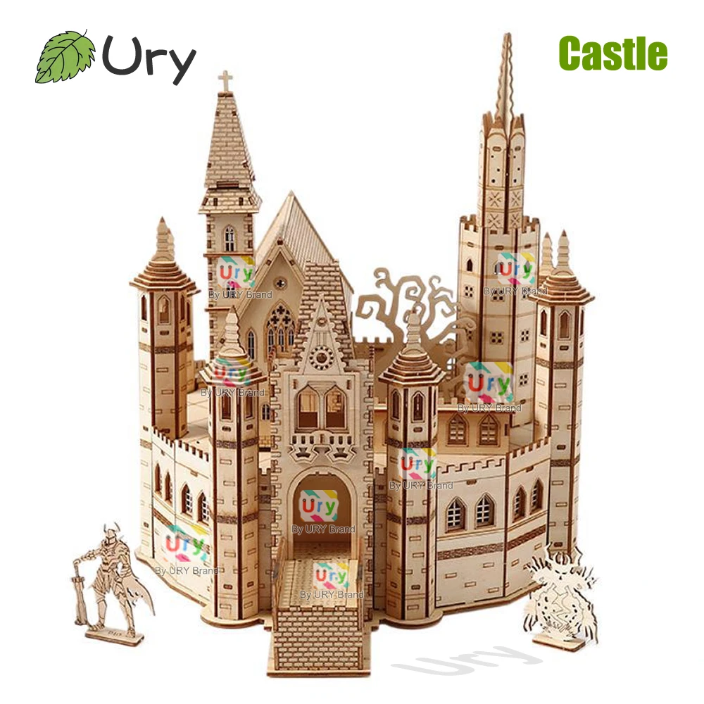 URY 3D Wooden Puzzle House Royal Knight's Castle with Box Assembly Retro Toy for Kids Adult DIY Model Kits Decoration Gifts