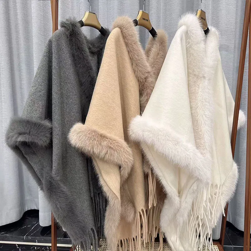 Imitare cashmere Autunno Inverno Poncho Cappotto avvolgente con nappe per donna Mantello caldo morbido per atmosfera fotografica P2