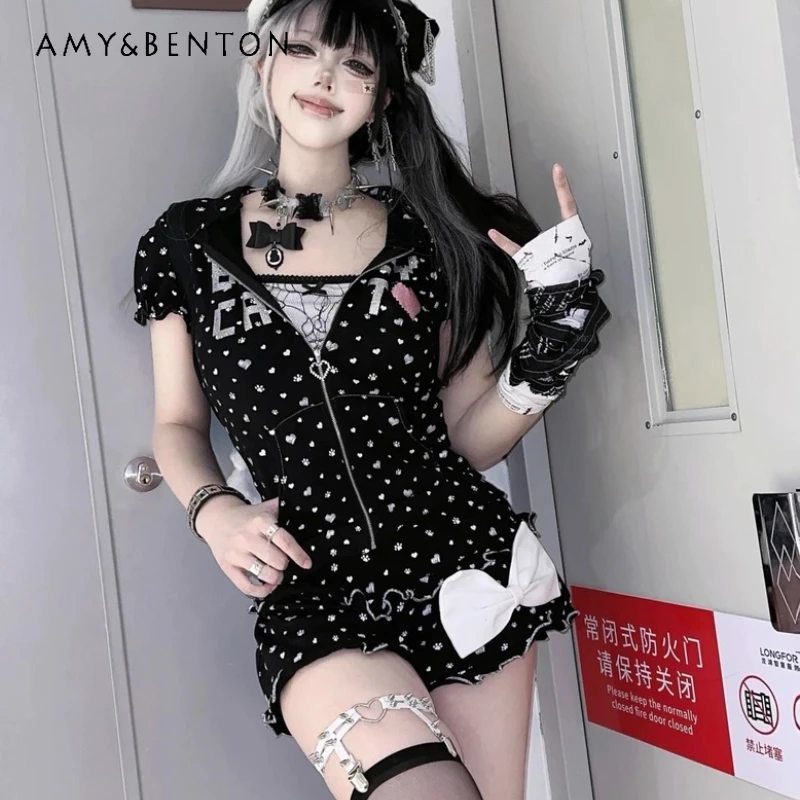 

Japanese Black Polka Dot Subculture Y2K Anime Puff Sleeve Hooded Women's Jacket Summer New Sweet Cute Pumpkin Shorts Sets Ladies