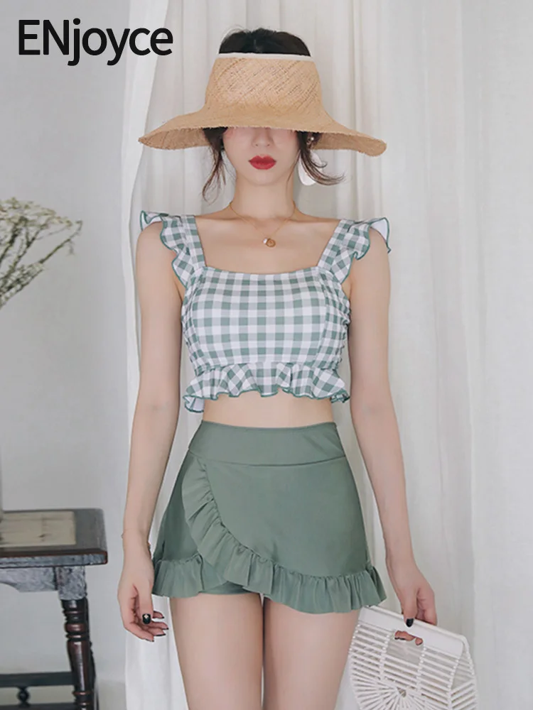 2024 Summer Korean Fashion Green Plaid Ruffle Bikini Shorts 2 Piece Set Swimsuit Women Swimwear Sexy Boho High Waist Beach Wear