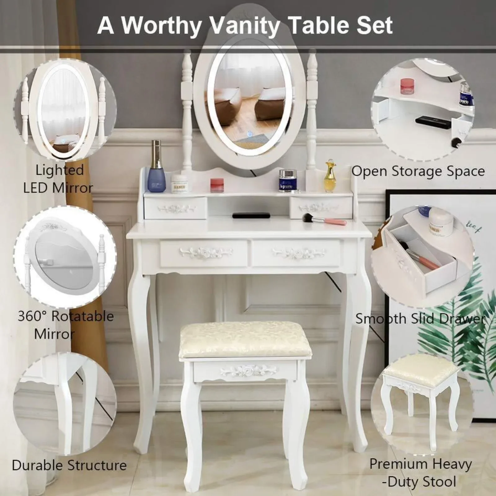 For 4 Drawer Makeup Dressing Table Vanity Set with LED Mirror and Stool Dresser Desk United States