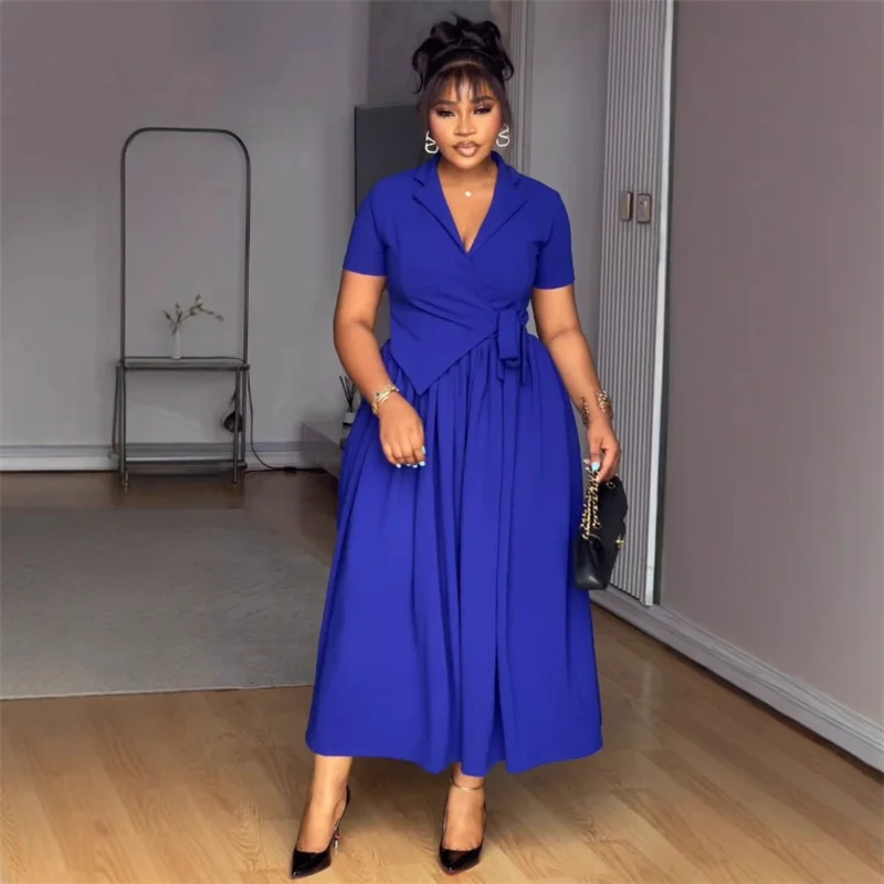 فستان طويل أنيق على شكل حرف a من Doyerl للنساء ملابس للنادي والحفلات بخصر عالٍ ورباط وياقة مدببة فساتين طويلة فيستدو عتيقة