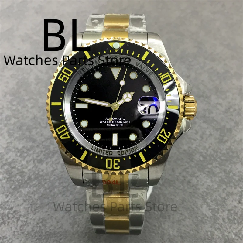 BLIGER 43MM Luxury Two Tone Gold Men's SEA Automatic Watch NH35 PT5000 AR Coated Sapphire Crystal Ceramic Bezel Waterproof Date