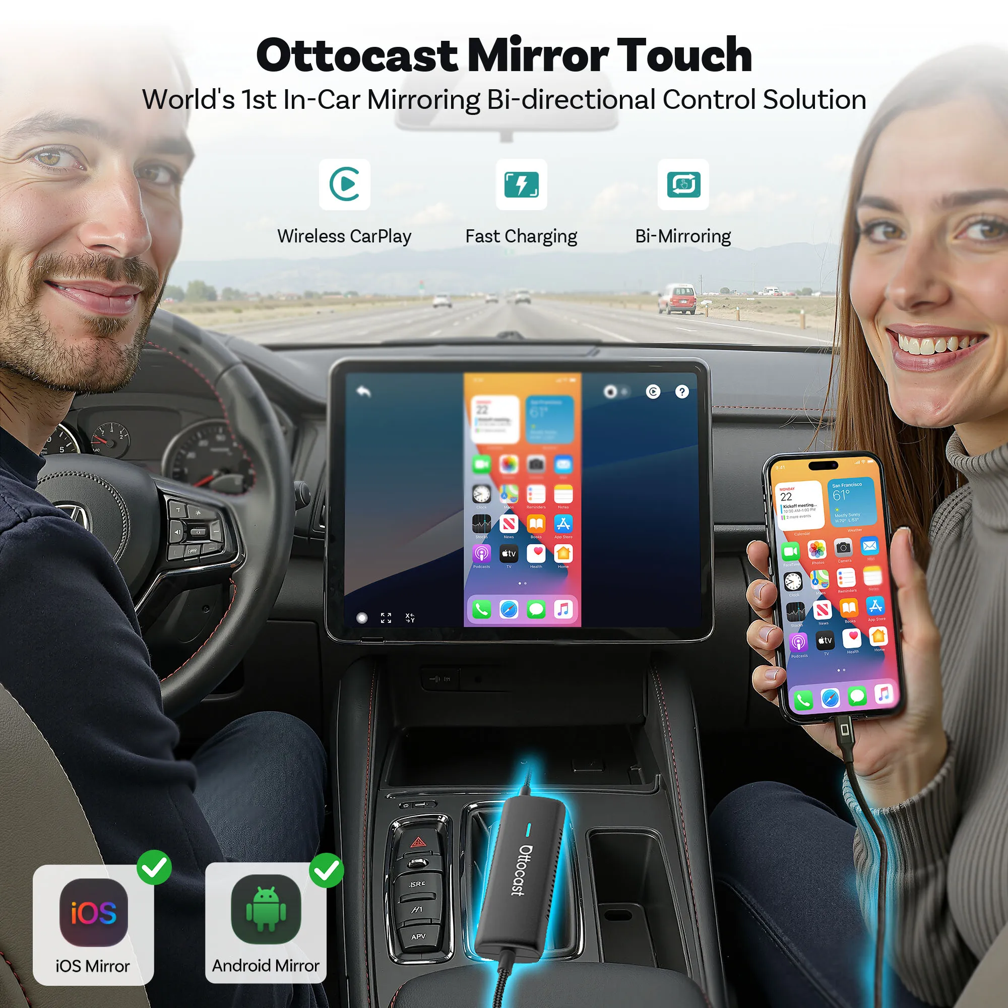 Ottocast MirrorTouch Wireless CarPlay Adapter 3-in-1 Dongle with Screen Mirroring & 2-Way Touch Control Cast Video to Car Screen