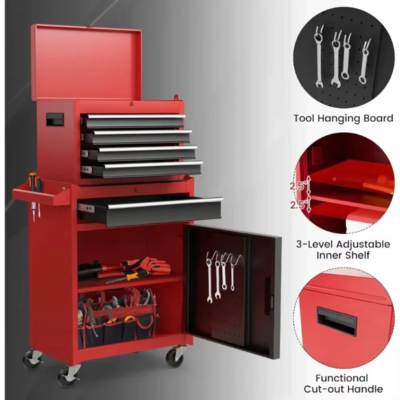 أثاث الحدائق رائجة البيع! أحمر + أسود، صندوق أدوات دوار، منظم صندوق أدوات 5 أدراج مع عجلات قابلة للقفل وأدراج منزلقة قابلة للتعديل