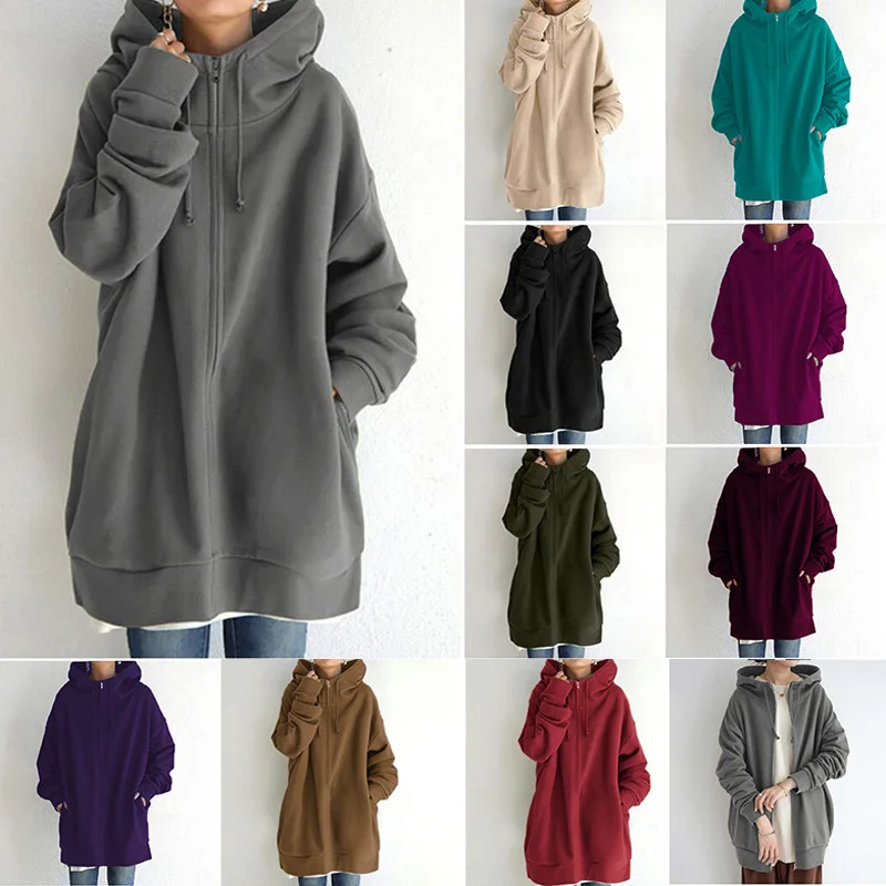 Women's Warm Long Hooded Sweatshirt Large Size Loose Zipper Casual Harajuku Long Sleeve Plus Fleece Sweatshirts Hooded Jacket