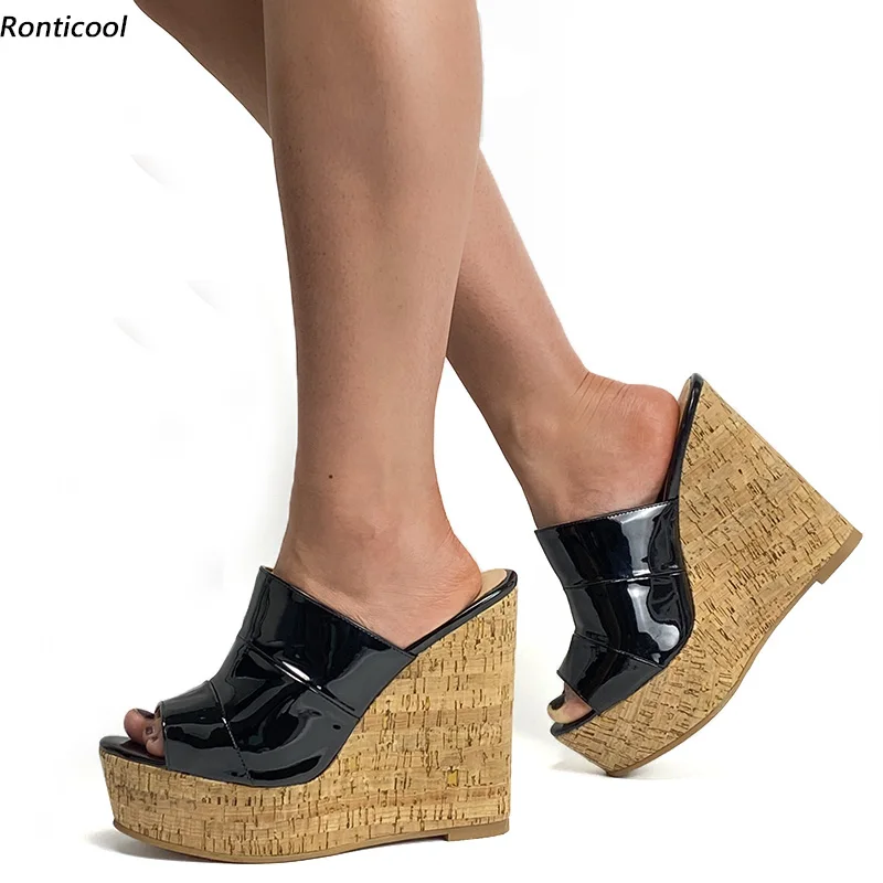 

Ronticool Handmade Women Mules Sandals Shiny Patent Wedges Heel Open Toe Gorgeous 10 Colors Party Shoes Women US Plus Size 5-20