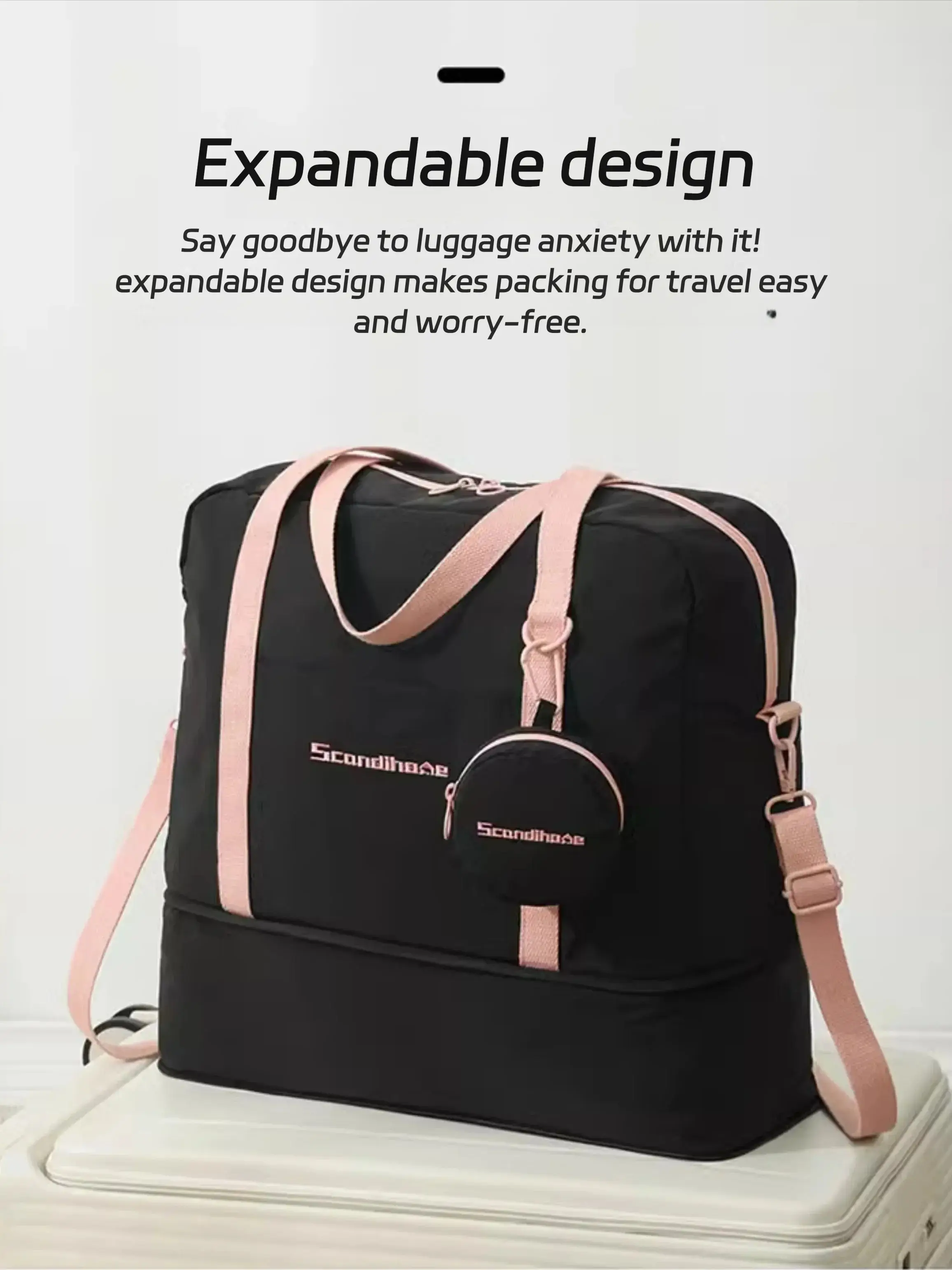 حقيبة سفر ذات سعة كبيرة قابلة للطي وقابلة للتوسيع مع حقيبة كتف بأكمام للأمتعة لرحلة قصيرة