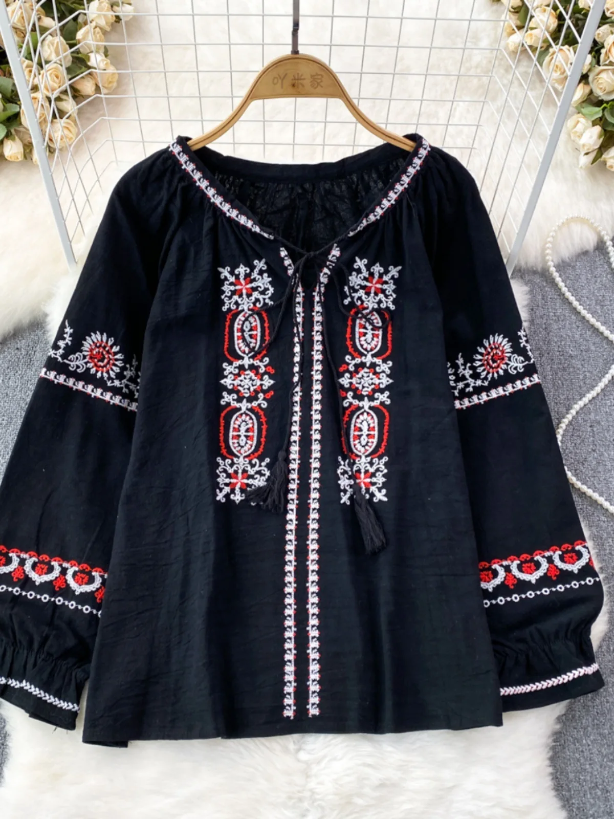 

Ukrainian Embroidered Shirts Cotton Line Blouses Long Sleeve O Neck with Tassel Bohemian Tops Boho Clothes for Women