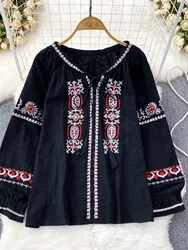 Women's Ukrainian Embroidered Cotton Blouse Long Sleeve O-Neck Boho Top with Tassel Detail Line Bohemian Clothing