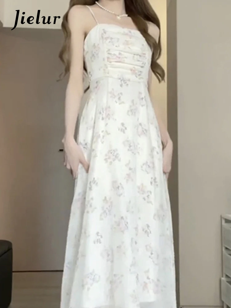 Jielur French Style Strapless Floral Dress Summer New Slim Waist Pleated Fashion Women\'s Dresses Printed Sweet Female Dresses
