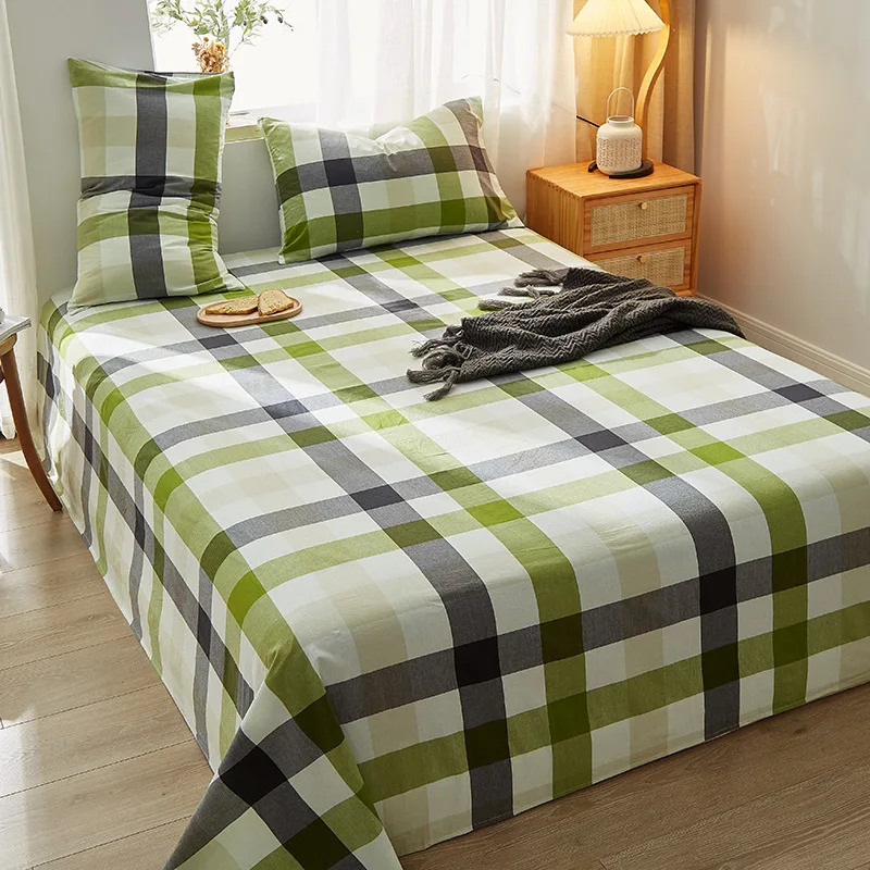 Japanese style unprinted wind color woven washed cotton bed sheet, Class A pure cotton solid color checkered student dormitory b