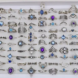 36Pcs/Lot Bohemia Vintage Silvery Rings for Women and Girl Mixed Alloy Crown Flower Finger Ring Charm Jewelry Gift Wholesale