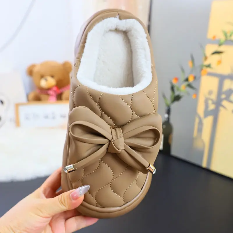 Thick High Heels 6cm Bow Slippers Female PU leather Fur Slides Woman Butterfly-know Plush Clogs 2025 Women's home slippers